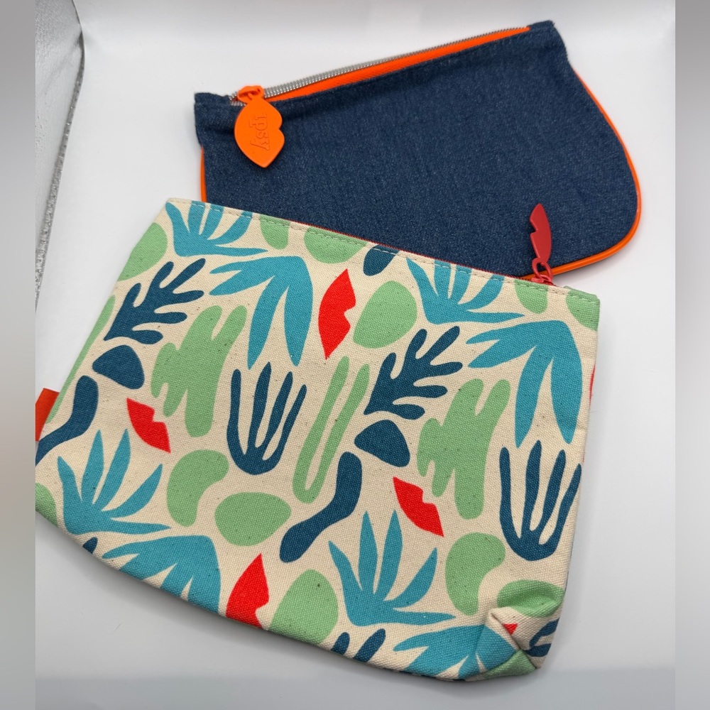 Canvas Tropical Print Pouch Set with Denim Zip Pouch